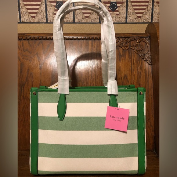 NWT-Kate Spade-Market Cabana☀️Canvas Medium Tote-Green & White Striped-$228: - Picture 7 of 16
